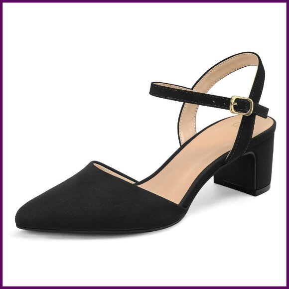 Women's 2-Inch Chunky Heel Pointed Toe Ankle Strap Dress Pumps